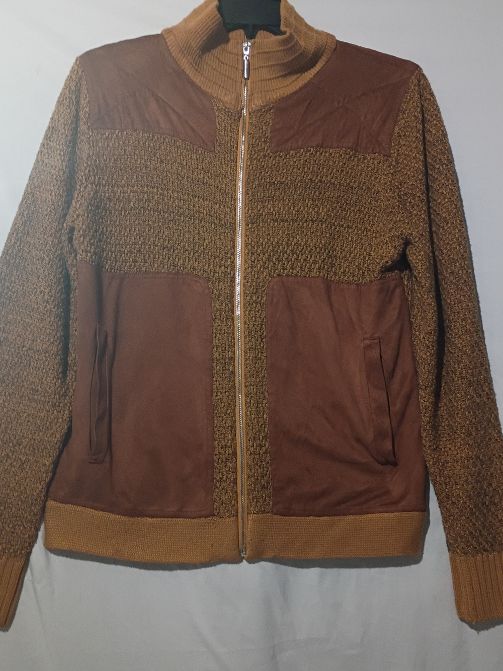 Stacy Adams Brown Two-Tone Zip-Up Knit Sweater